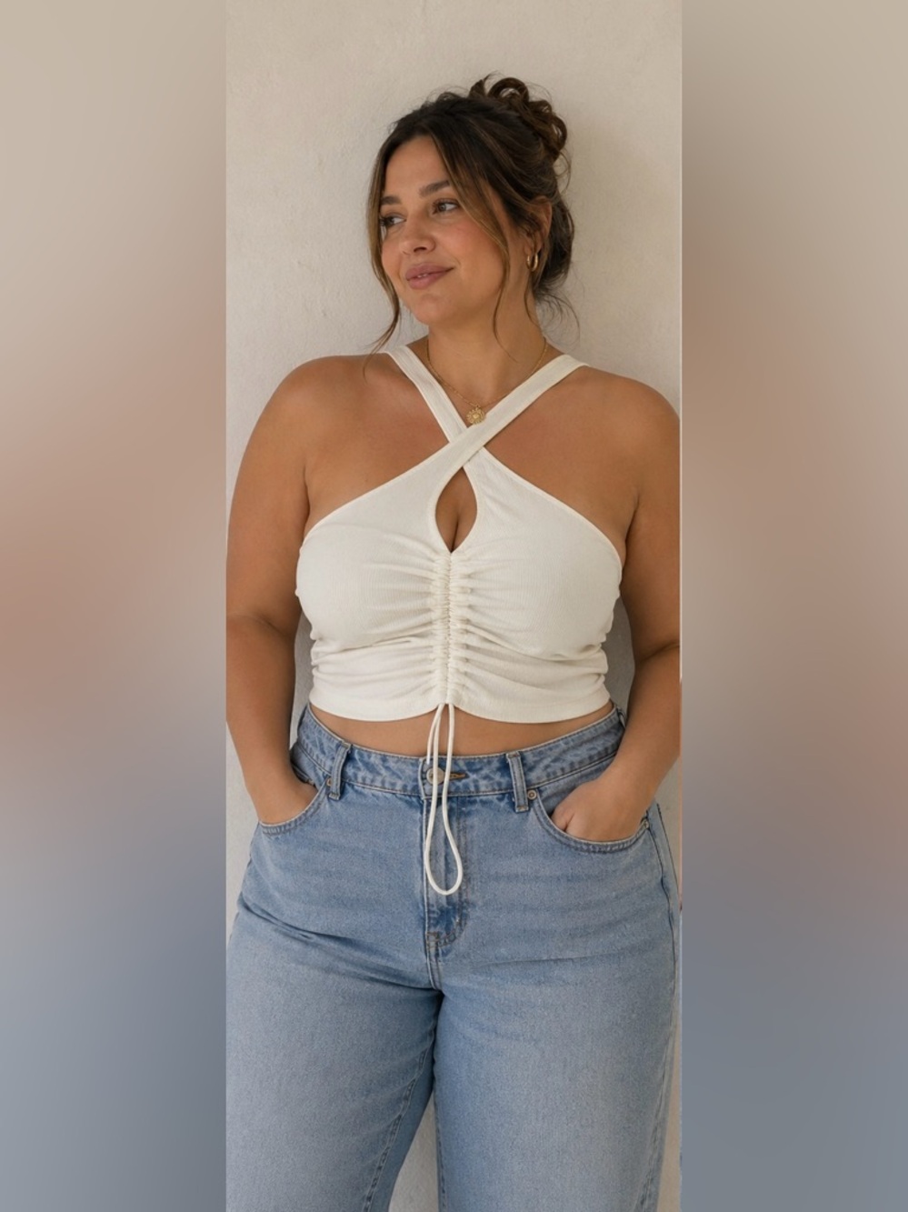 paperoc Women’s White Ruched Front Tank Top